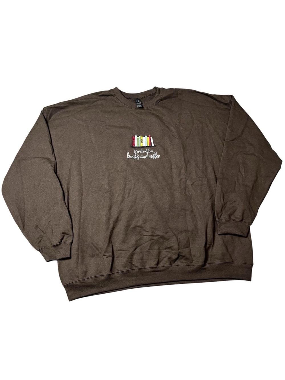 Gildan Brown Crewneck Sweater Fueled By Books And Coffee 3X